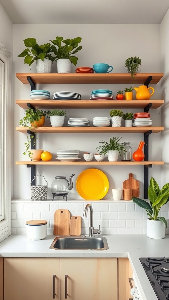 Brightly colored kitchen shelves filled with dishes and plants.
