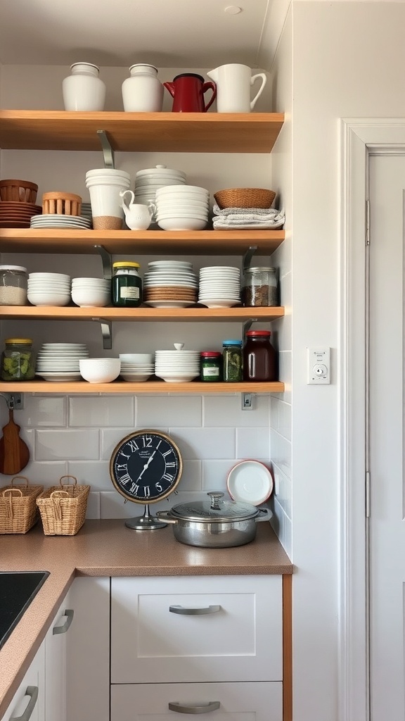 A small kitchen with open shelving displaying dishes, jars, and a clock.