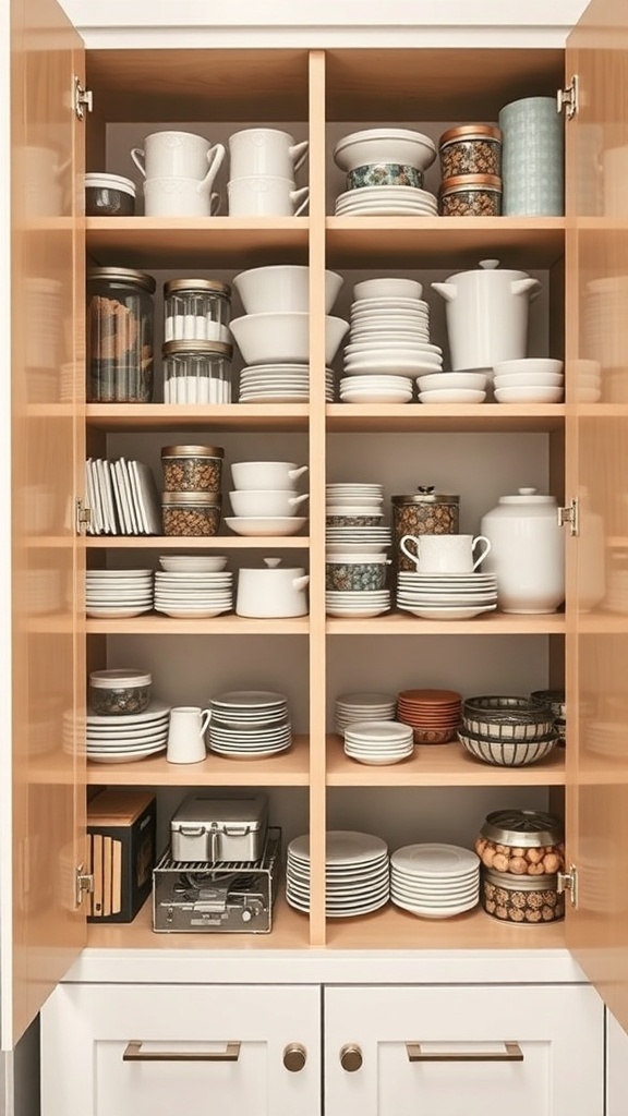 Organized kitchen cabinet with stacked plates, bowls, and jars.