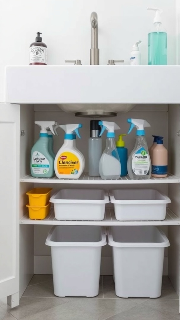 Under sink organization with shelves and cleaning supplies
