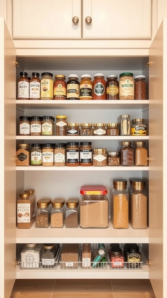 Organized kitchen cupboard with various jars and containers on shelves.