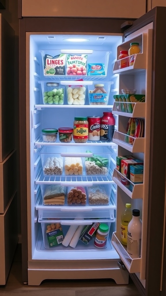 A well-organized fridge with stackable bins for efficient storage.