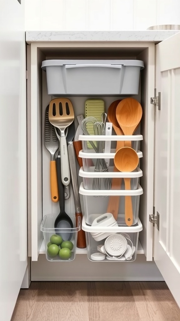 Organized kitchen drawer with stacked containers and utensils.