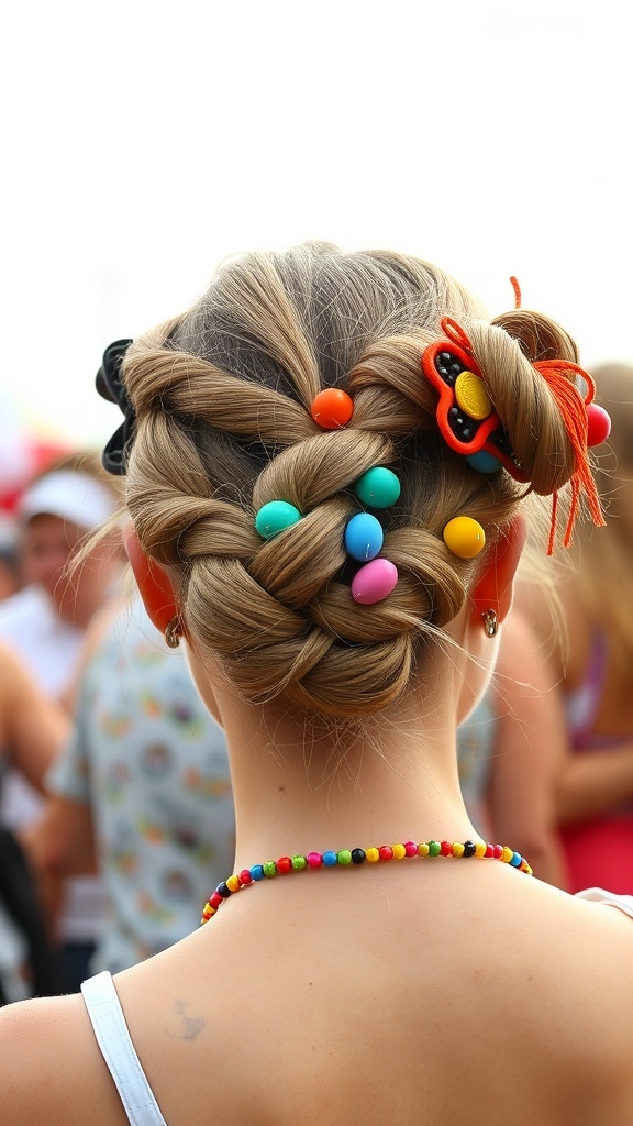 A messy braided bun hairstyle adorned with colorful accessories, perfect for summer festivals.