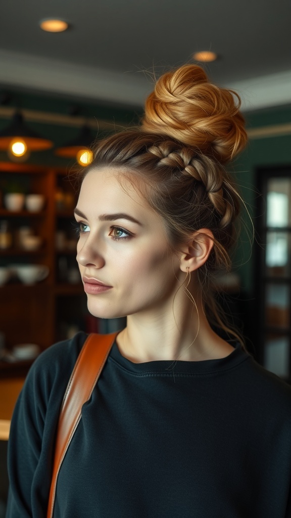 A woman with a messy braided bun hairstyle, featuring a loose bun and a braid wrapped around the base.