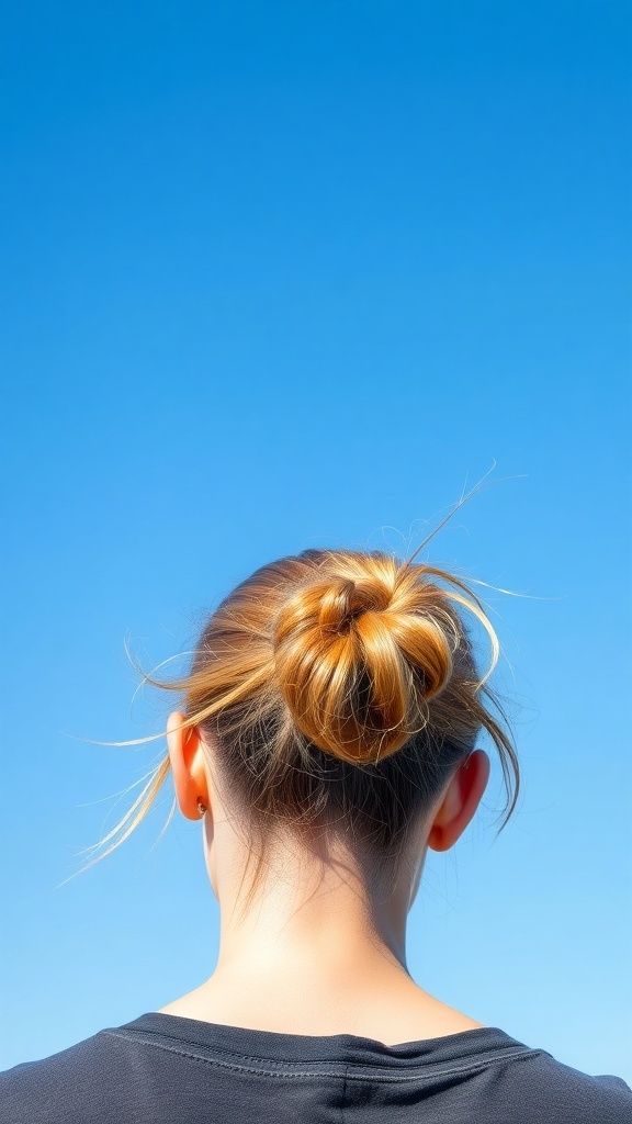 A person with a messy bun hairstyle against a clear blue sky.