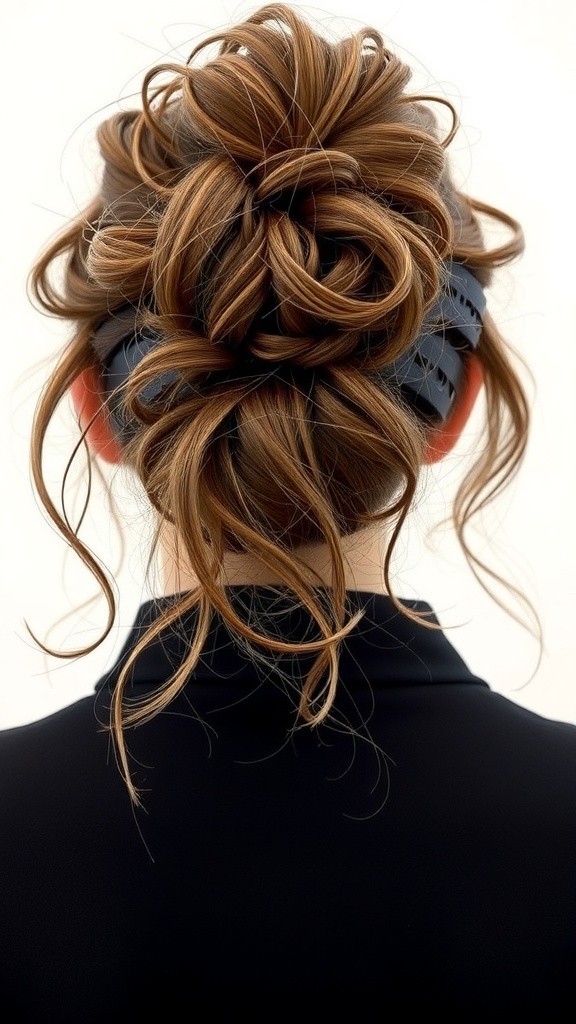 A messy bun hairstyle with curly tendrils, showcasing a relaxed and stylish look.