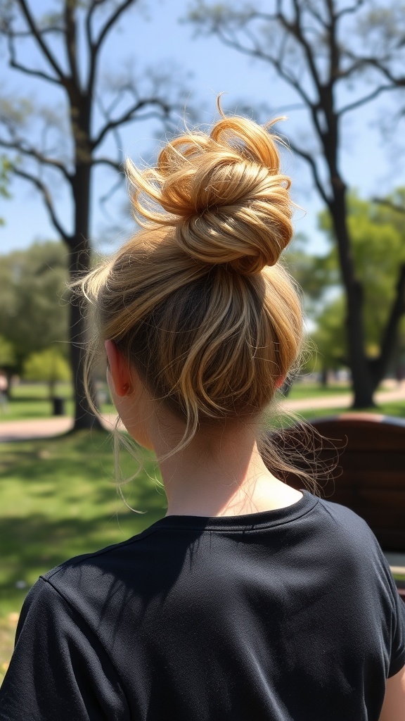 A messy curly bun hairstyle on a person with blonde hair, set against a green park background.