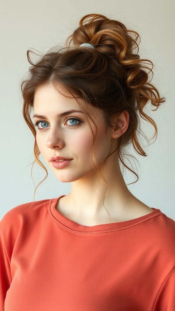 A woman with a messy curly ponytail, showcasing a casual hairstyle.