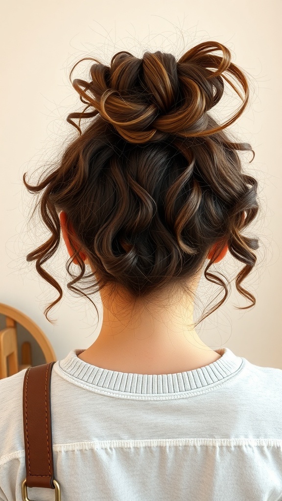 A woman with curly hair styled in a messy top knot, showcasing a playful and relaxed hairstyle.