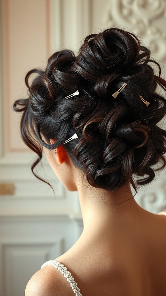 A messy curly updo hairstyle with bouncy curls and hairpins, showcasing effortless elegance.