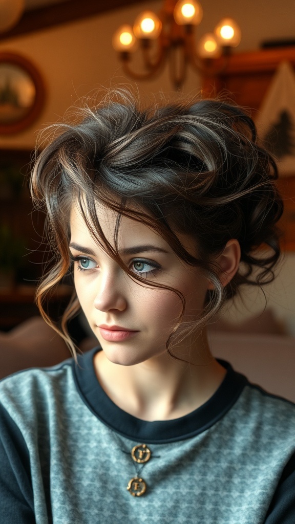 A young woman with a messy curly updo hairstyle, showcasing soft curls and loose tendrils.