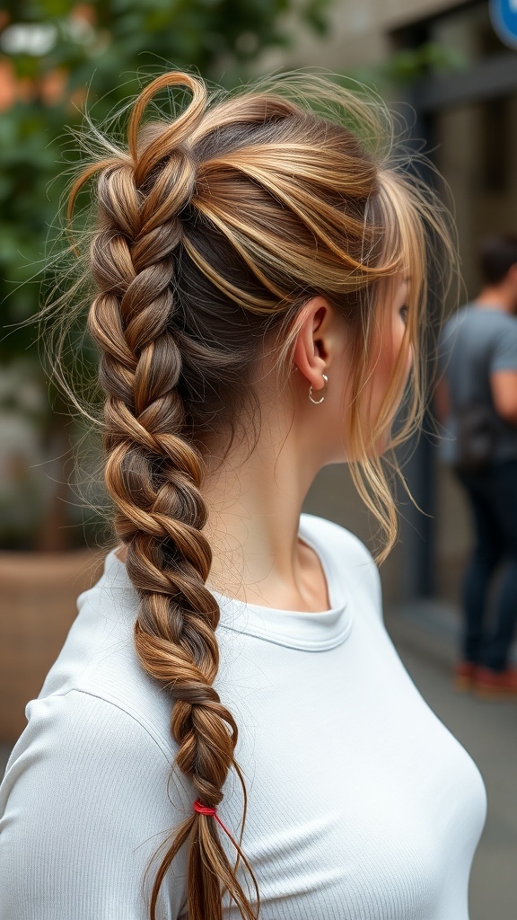 A woman with a messy feed-in braided ponytail, showcasing a stylish and relaxed hairstyle.