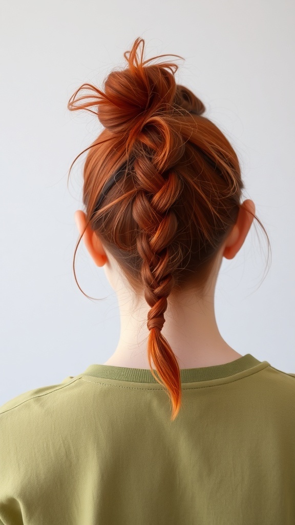 A messy red braided bun hairstyle
