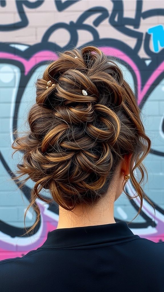 A messy updo hairstyle featuring voluminous curls and small pearl accessories, set against a colorful graffiti background.