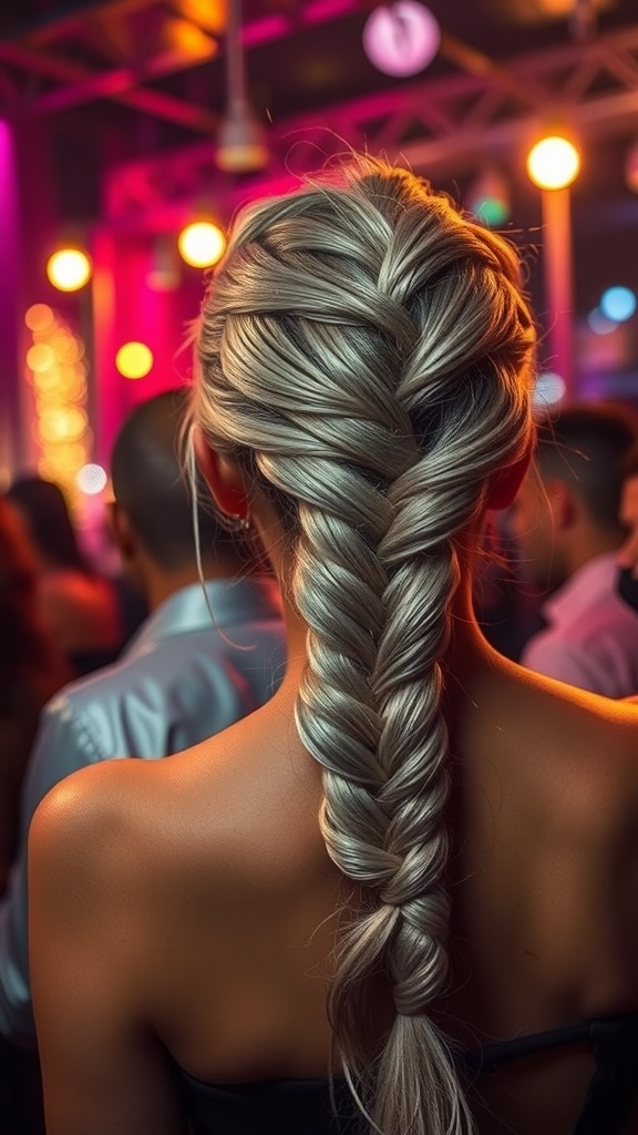 A close-up view of a metallic silver fishtail braid styled elegantly against a colorful party backdrop.