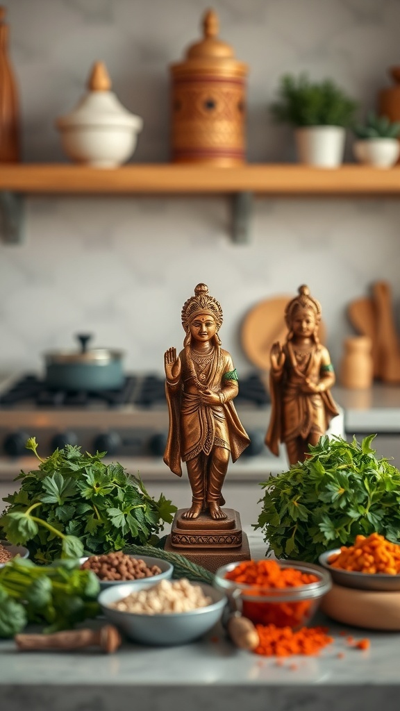 Miniature Indian statues placed among fresh herbs and spices in a kitchen setting.