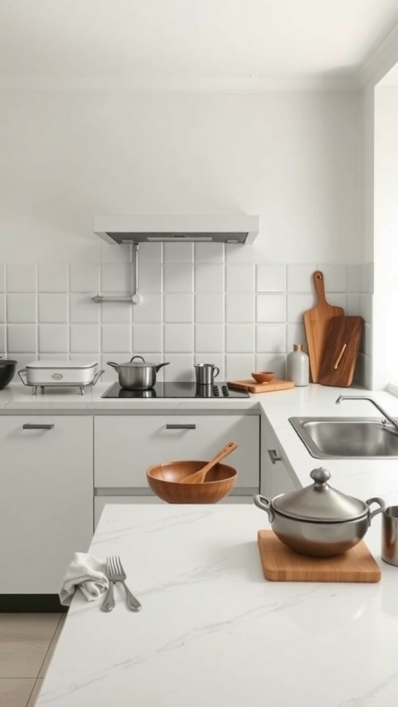 A minimalist Indian kitchen with clean countertops and cooking essentials.