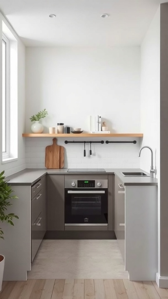 A minimalist kitchen with grey cabinets, a wooden shelf, and a small plant.