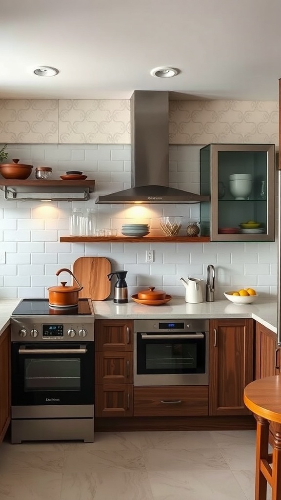 A modern Indian kitchen featuring stainless steel appliances and warm wooden cabinetry.