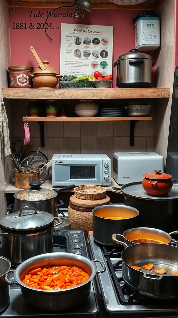 A cozy Indian kitchen featuring traditional clay pots and modern appliances.