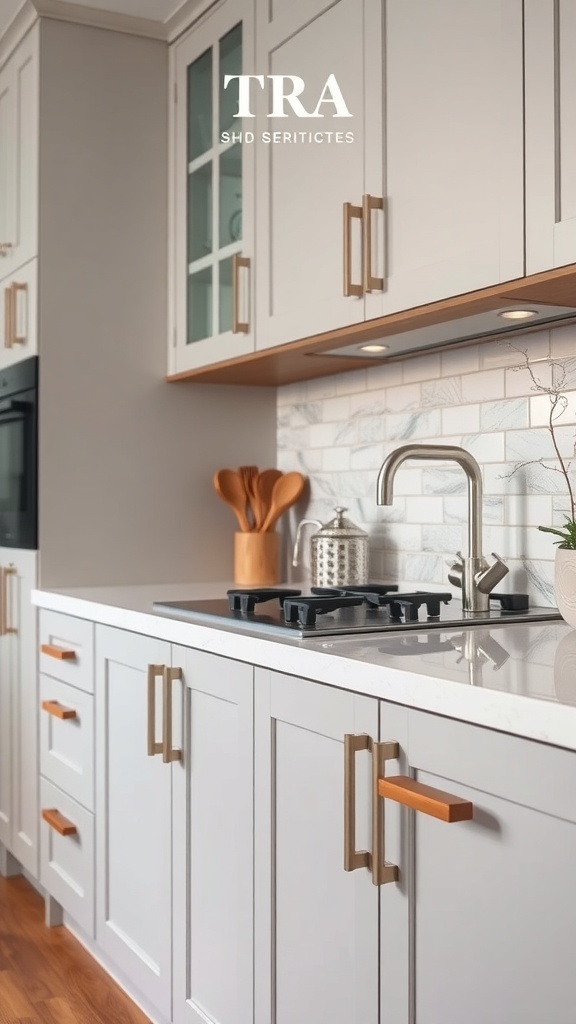 A modern kitchen with mixed material cabinet handles, featuring metal and wood accents.
