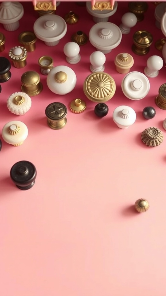 A variety of drawer knobs and pulls in different colors and styles on a pink background.