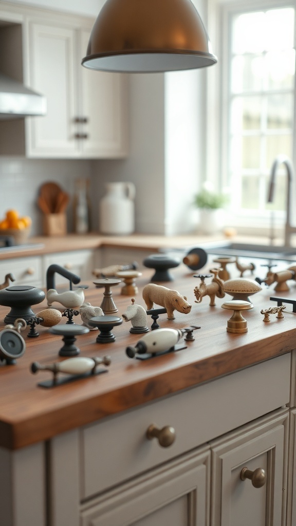 A variety of unique kitchen drawer pulls displayed on a wooden countertop.