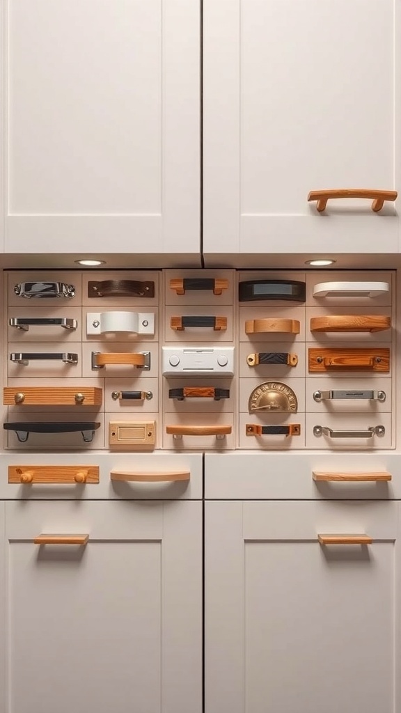 A variety of kitchen cupboard handles displayed on a cabinet.