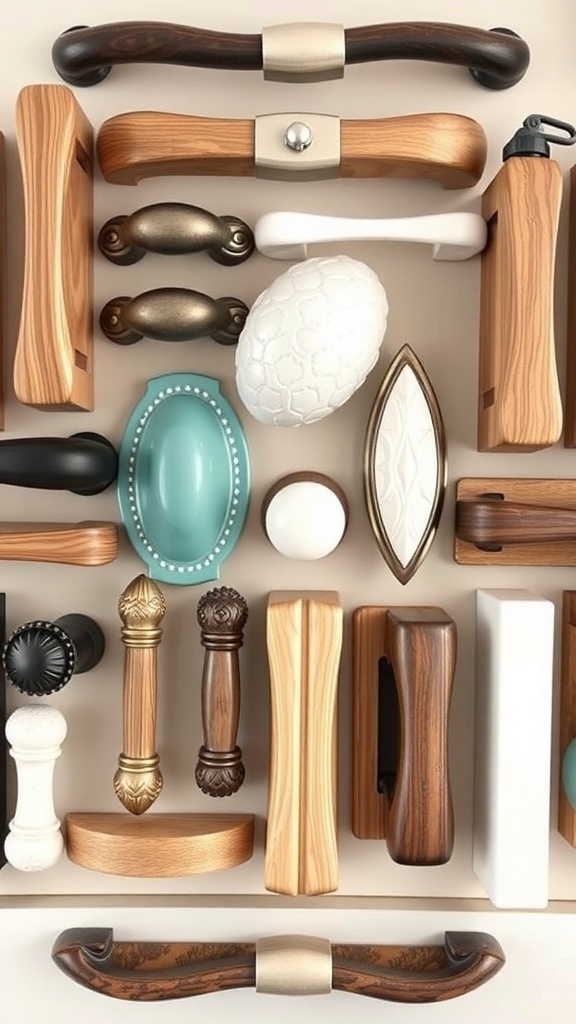 A variety of kitchen drawer handles in different styles and materials.