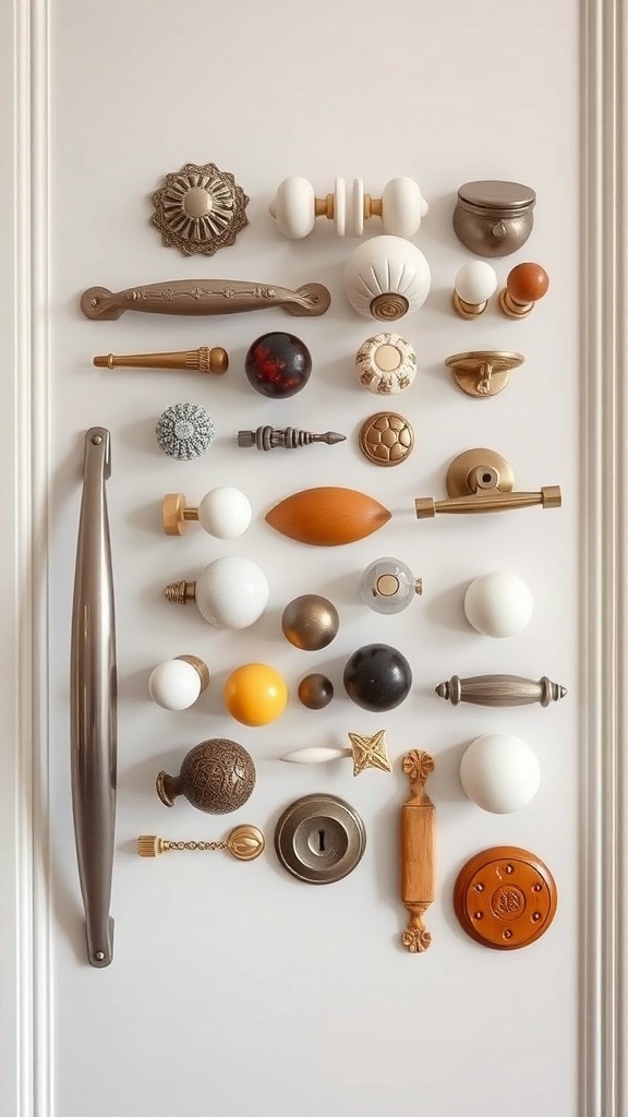 A variety of kitchen handles and knobs displayed on a wall.