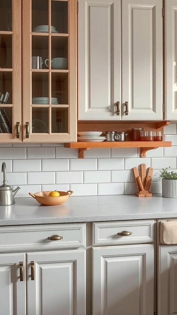 A kitchen with wooden and white cabinets featuring various handles and pulls.