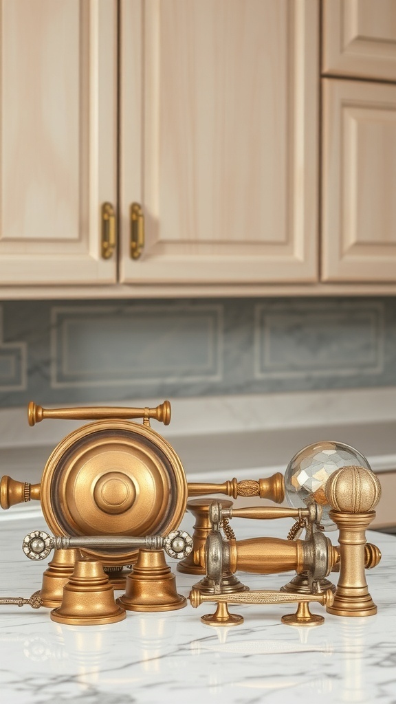 Various cabinet hardware pieces in gold and silver finishes on a marble surface.