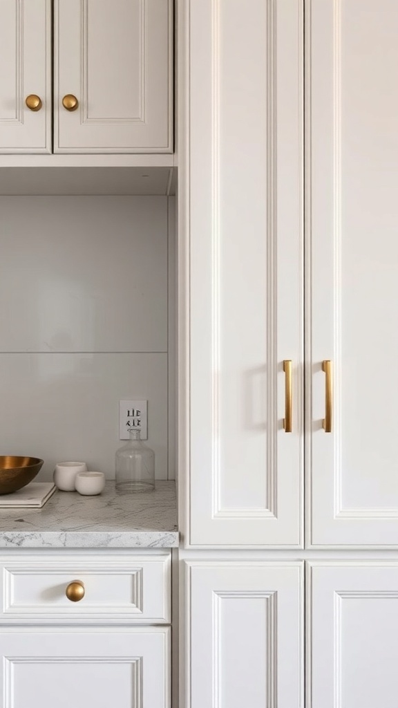 Close-up of white kitchen cabinets with gold hardware and a marble countertop.