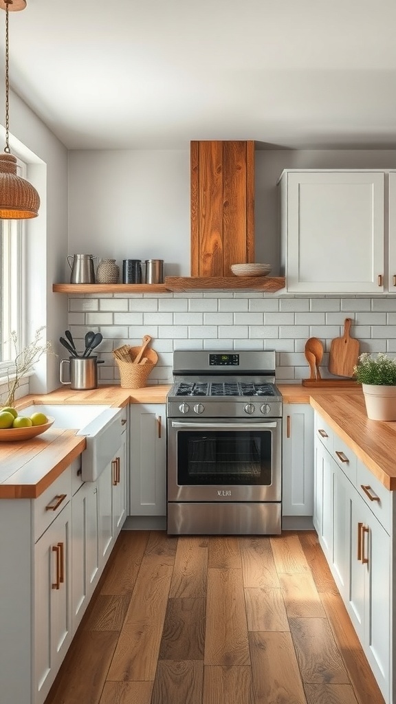 A modern country kitchen featuring a stainless steel stove, wooden countertops, and rustic decor.