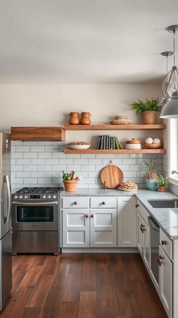 A modern rustic kitchen featuring wooden shelves, stainless steel appliances, and a warm color palette.