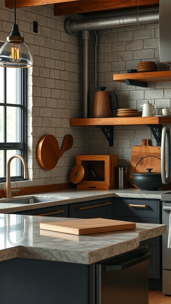 A modern rustic kitchen featuring wood shelves, a stone countertop, and metal accents.