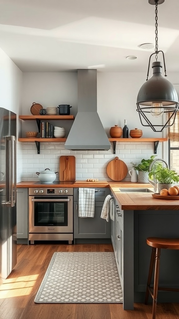 A modern farmhouse kitchen featuring gray cabinets, wooden countertops, and open shelving.