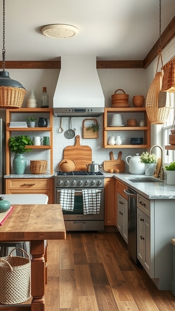 A contemporary farmhouse kitchen featuring wooden shelves, granite countertops, and woven baskets.