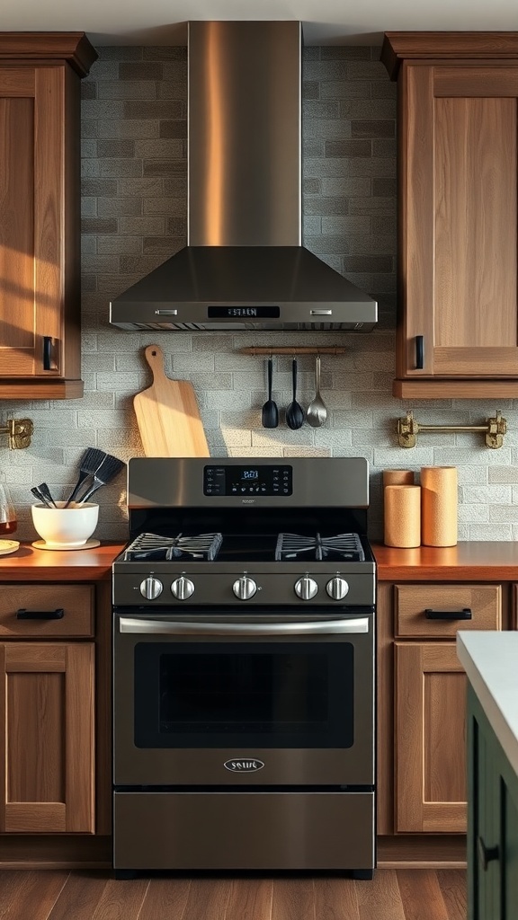 A contemporary farmhouse kitchen featuring a modern stove and hood with traditional wooden cabinets.