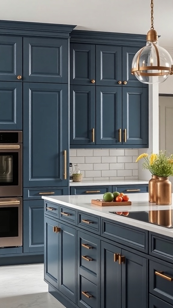 A modern kitchen featuring blue cabinets and gold accents.