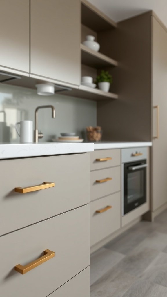 A modern kitchen with sleek drawer pulls and knobs in a contemporary design.