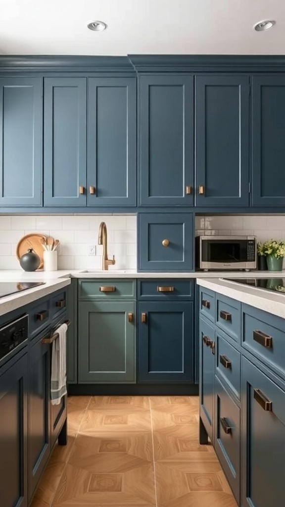 A modern kitchen with blue cabinets and stylish drawer handles.