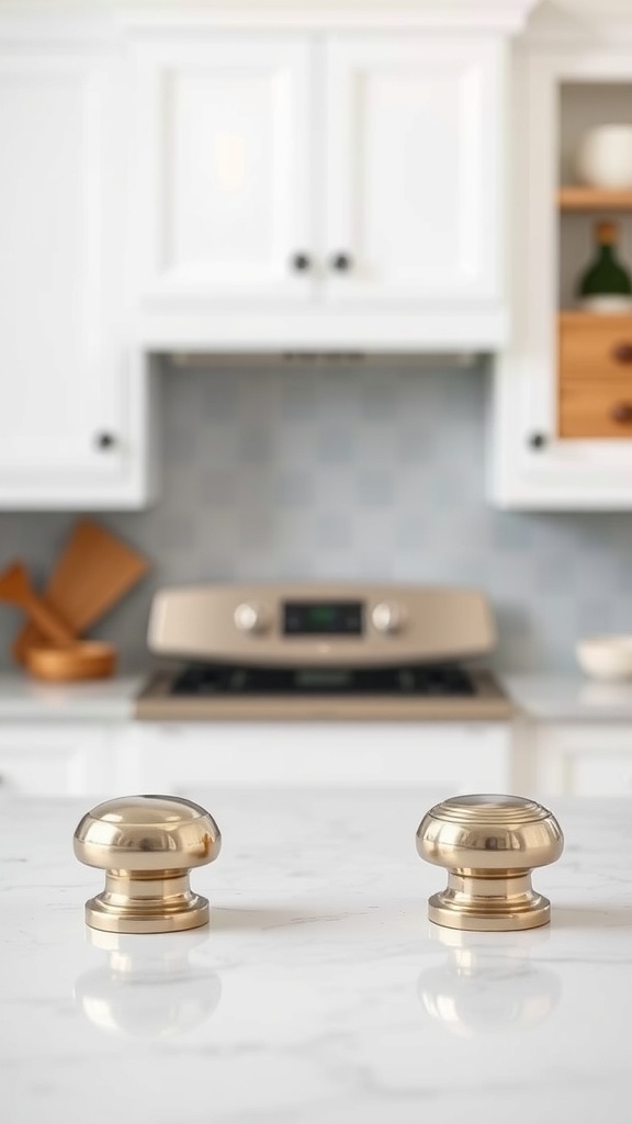 Two brass kitchen knobs on a marble countertop with a modern kitchen background.
