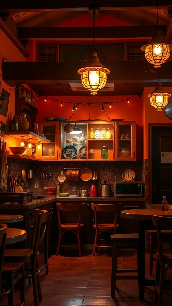 A cozy Indian kitchen with warm pendant lights and string lights.