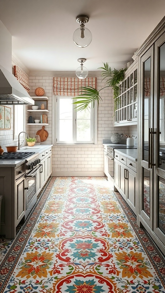A beautifully designed kitchen featuring colorful mosaic flooring.
