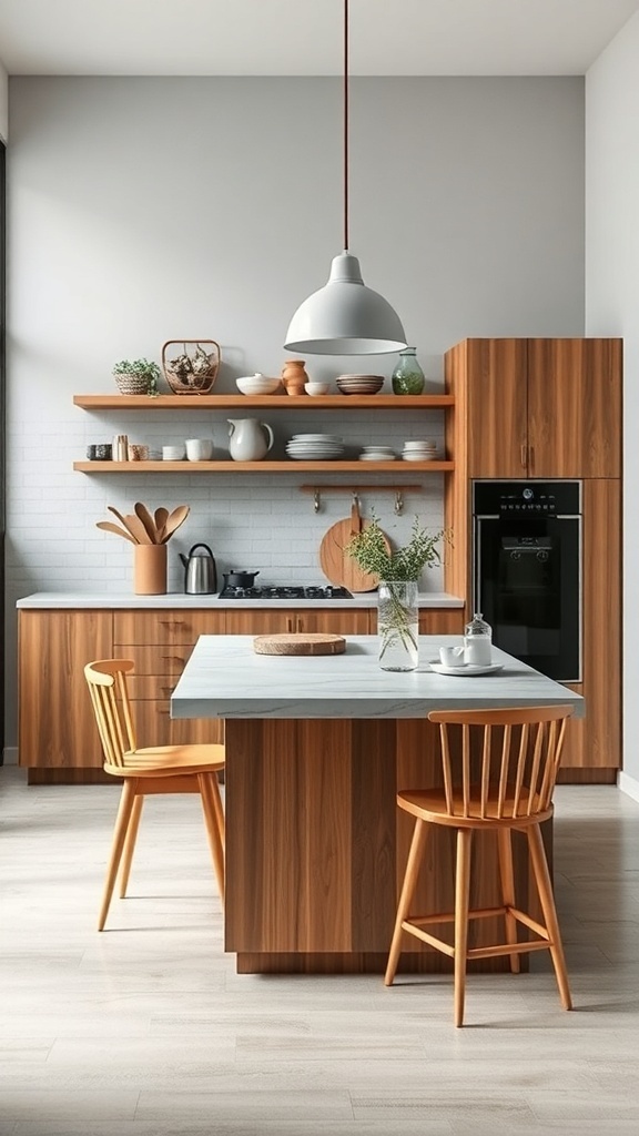 A modern small kitchen featuring a wooden kitchen island with two chairs, open shelves, and stylish decor.