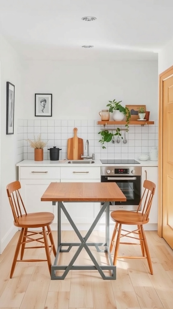 A small kitchen with a foldable table and two wooden chairs, showcasing multi-functional furniture.