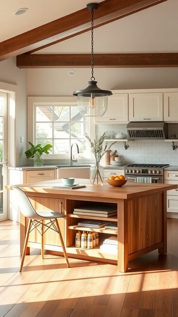 A modern kitchen with a wooden island featuring open shelves and a cozy atmosphere.
