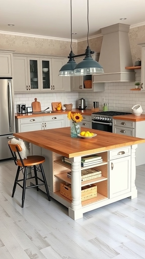 A modern kitchen featuring a multi-functional island with open shelving and a cozy bar stool.